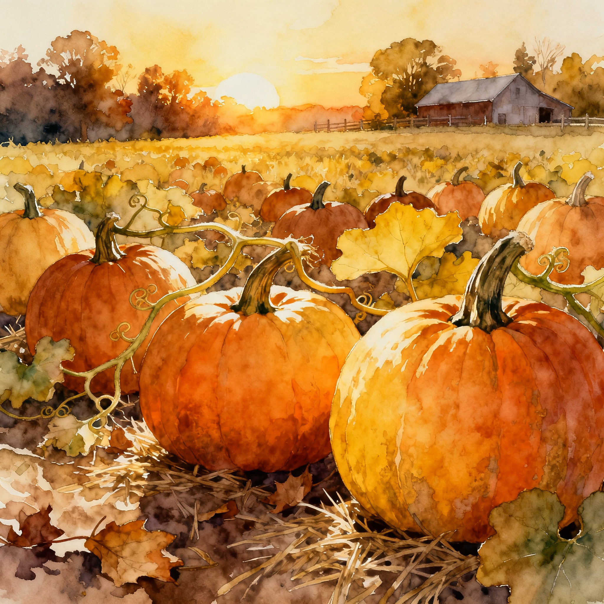 Autumn Pumpkin Patch Field Under Warm Sunset Golden Hour Light Clipart