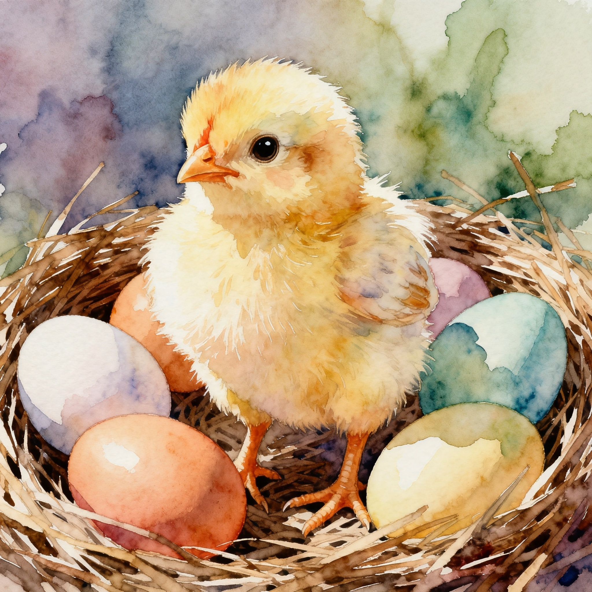 Easter Chick Standing In Nest With Colorful Eggs Around It Clipart