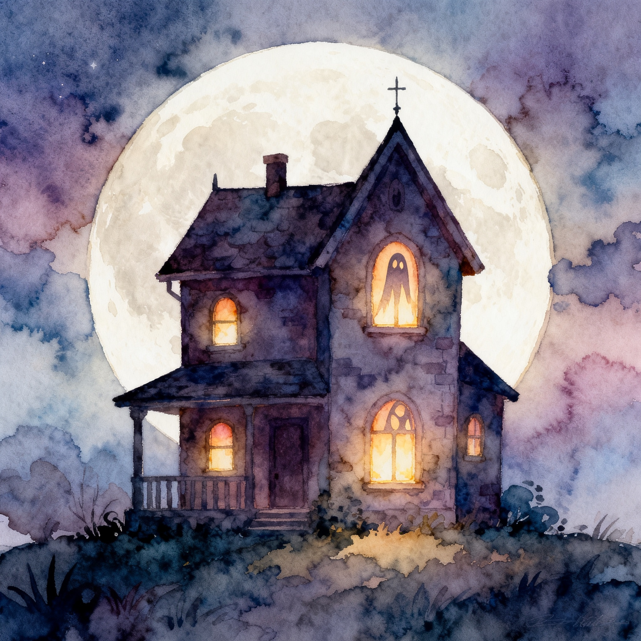 Halloween Haunted House With Glowing Windows And Full Moon Sky Clipart