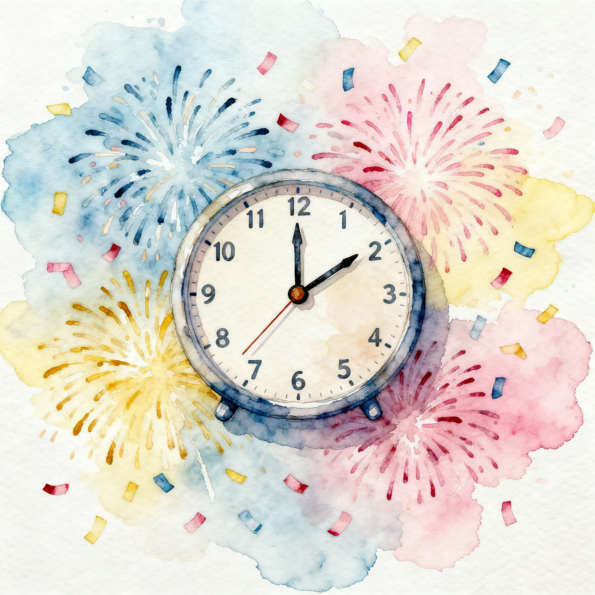 New Year Countdown Clock With Fireworks And Confetti Background Clipart