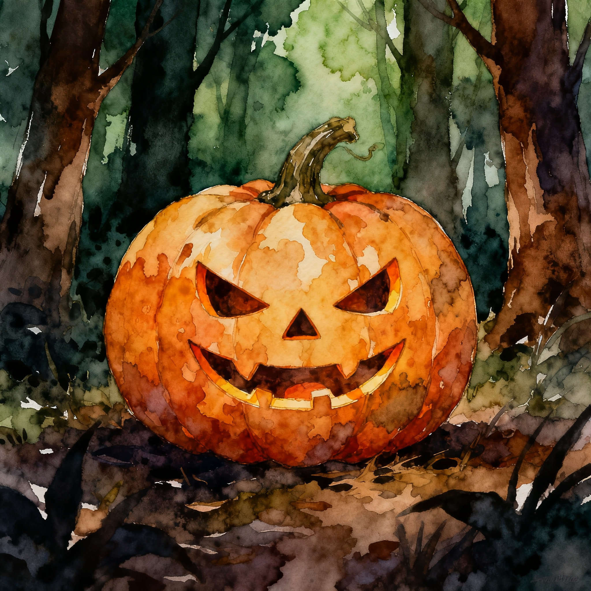 Halloween Pumpkin Jack O Lantern With Glowing Face In Dark Forest Clipart