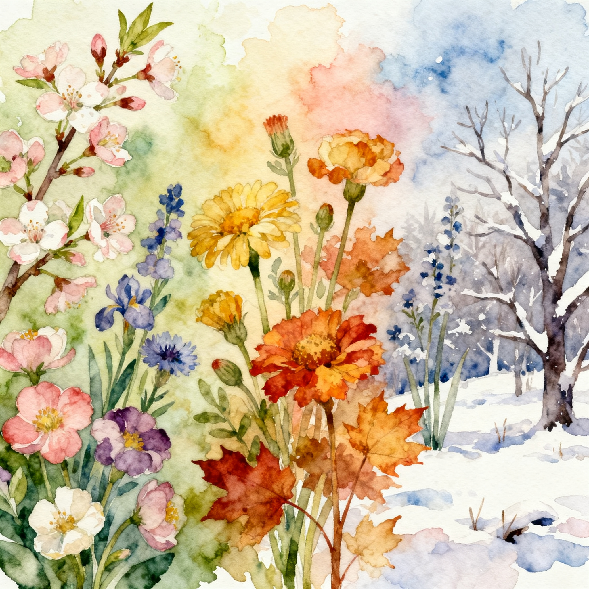 Seasonal Flowers Transition Scene From Spring To Summer To Autumn To Winter Clipart