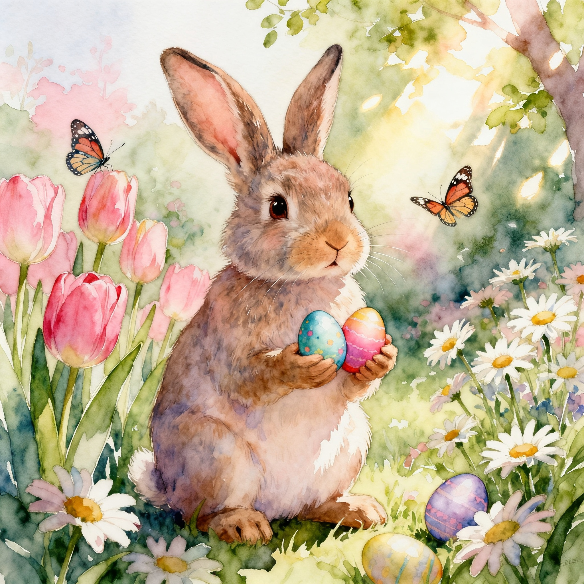 Easter Bunny Holding Painted Eggs In A Spring Flower Garden Field Clipart