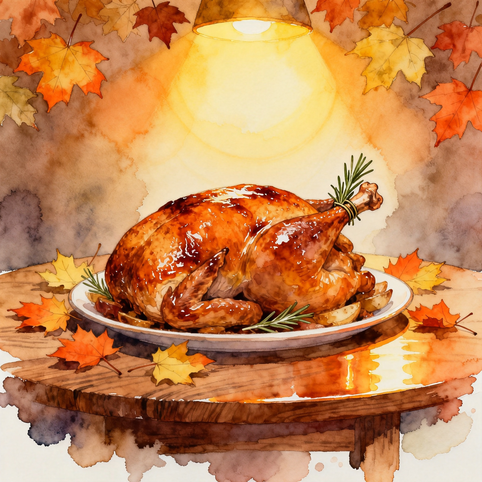 Thanksgiving Turkey Roast On Table With Autumn Leaves And Warm Light Clipart
