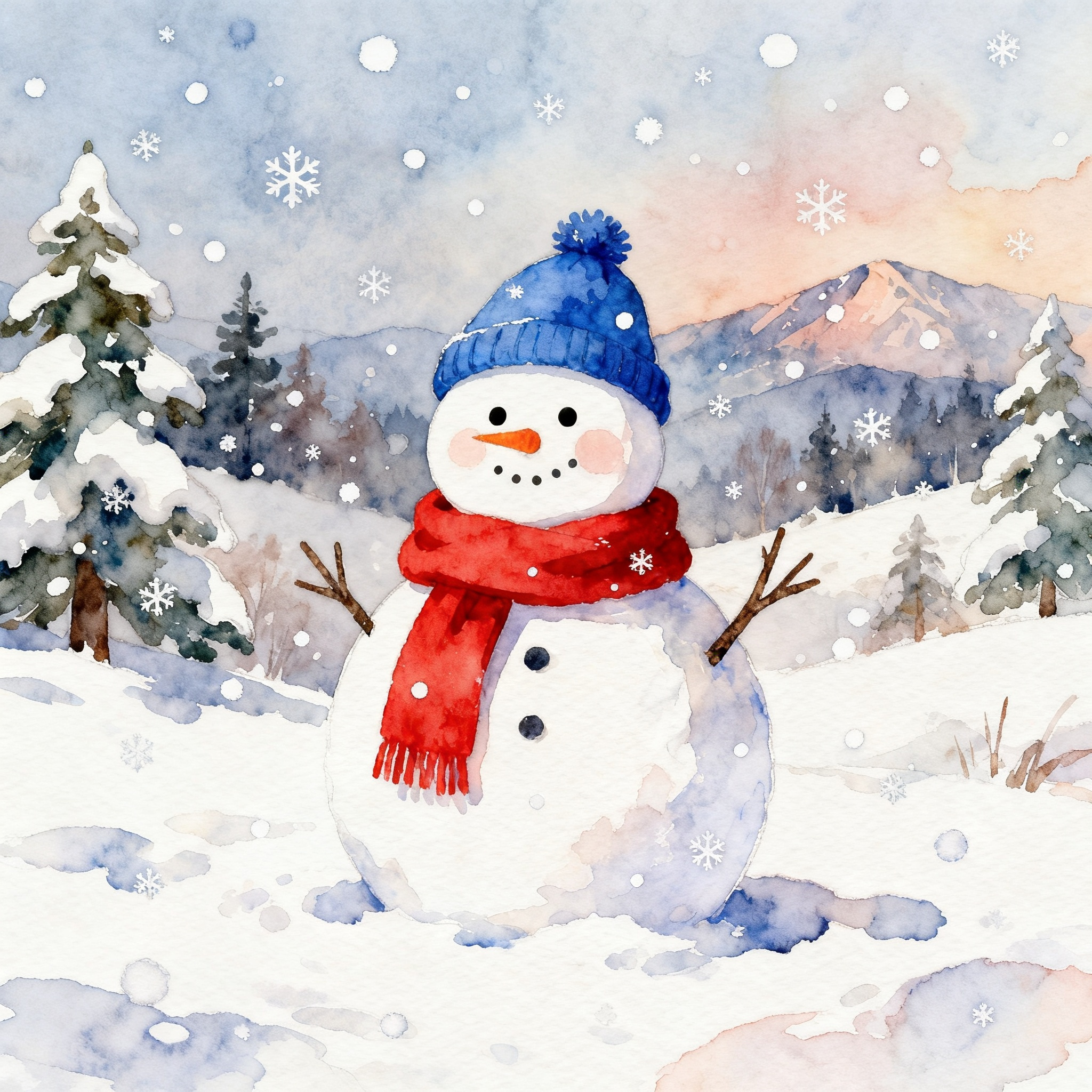 holiday-8-1.jpg Snowman Wearing Scarf And Hat In Falling Snow Winter Landscape Scene Clipart