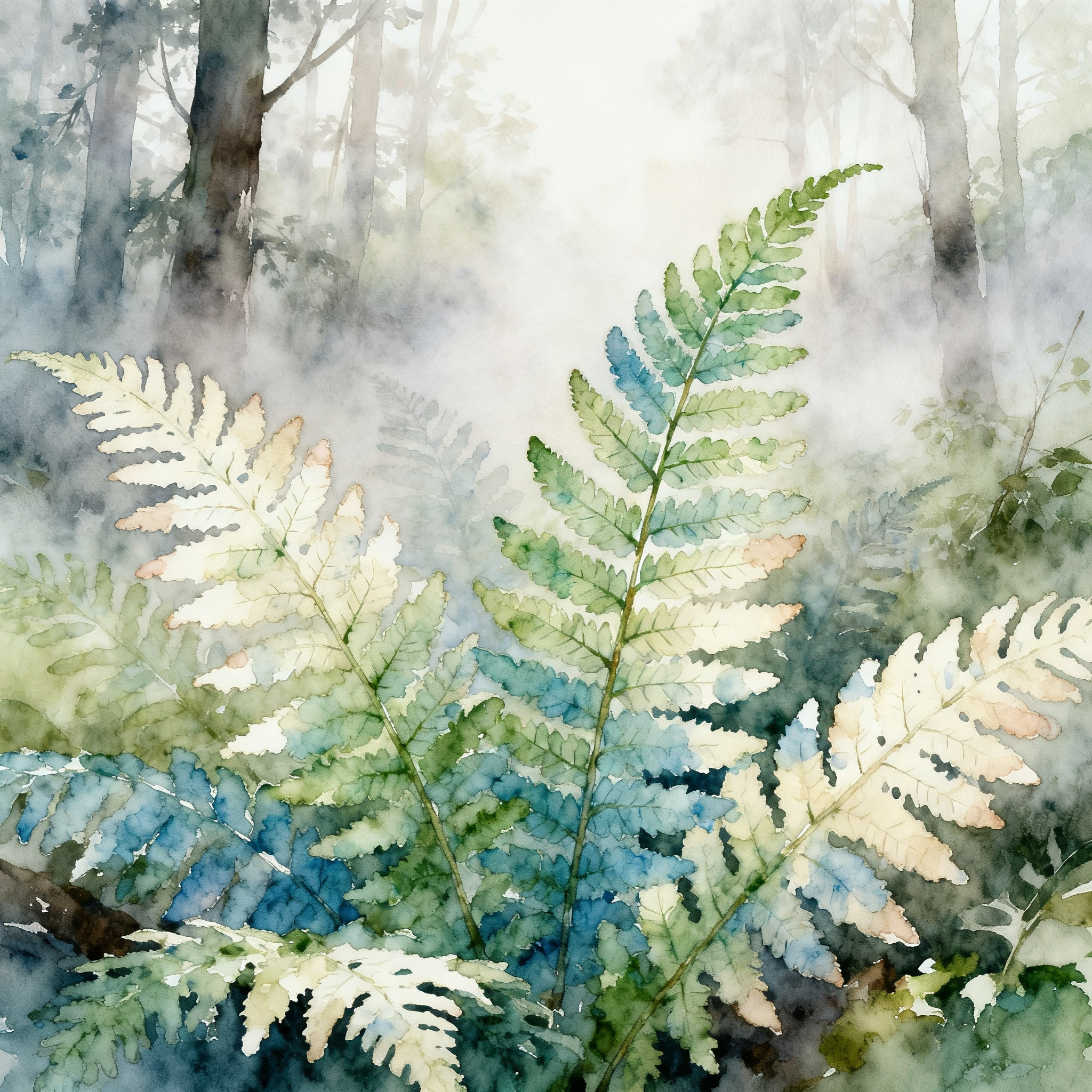 Forest Fern Leaves Growing In Misty Morning Woodland Scene Clipart