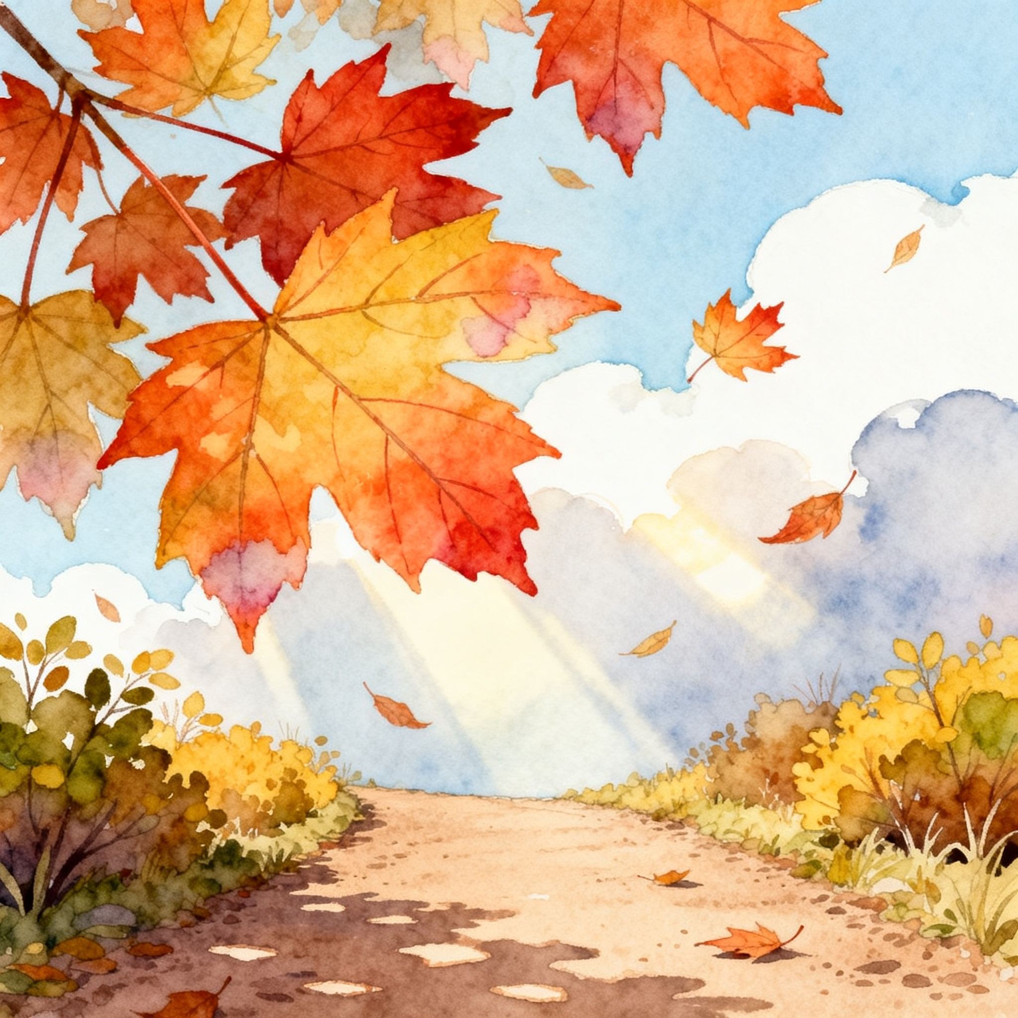 Autumn Maple Leaves Falling Over Quiet Nature Pathway Clipart