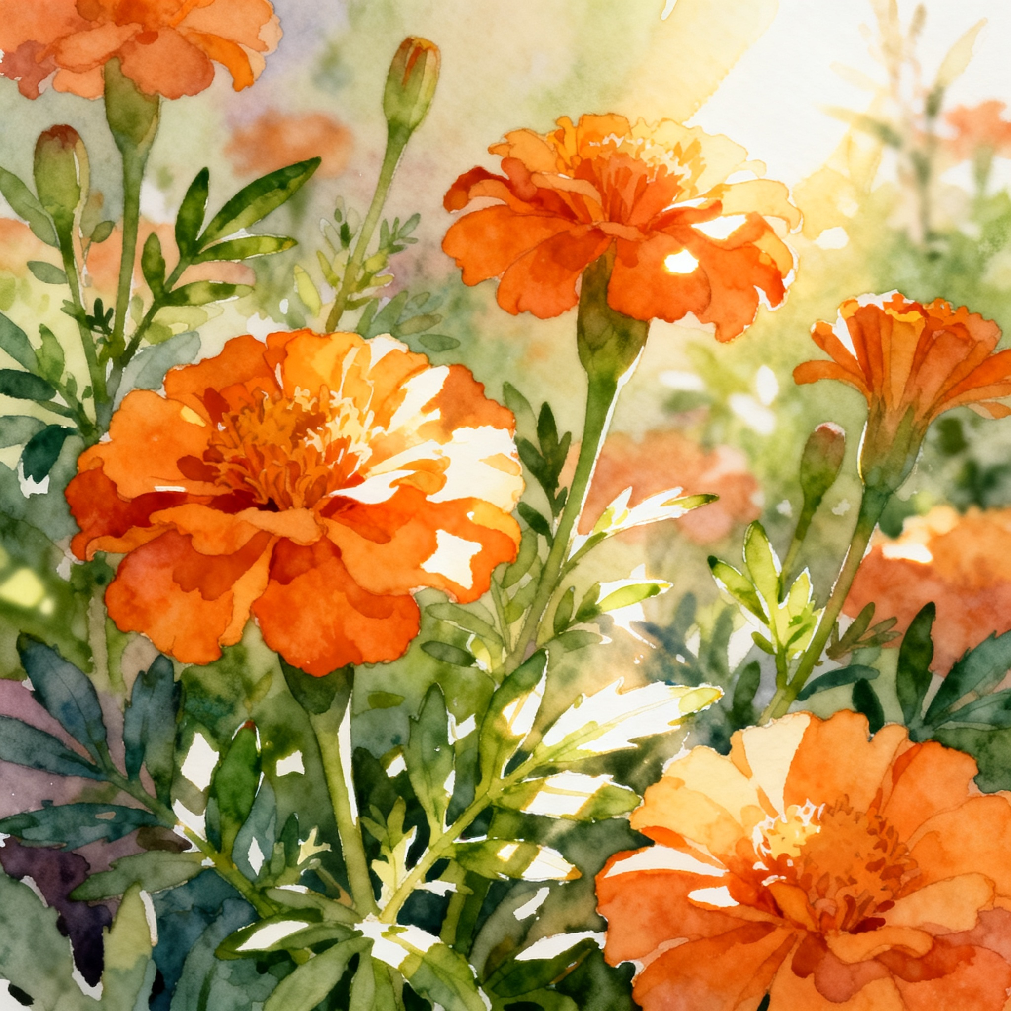 Orange Marigold Flowers In A Warm Sunlit Garden Scene Clipart