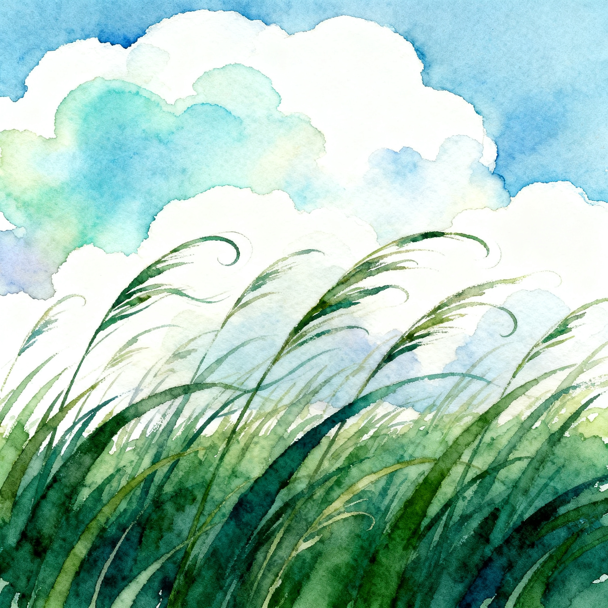 Wild Grass Field Moving In Wind Under Soft Cloud Sky Clipart