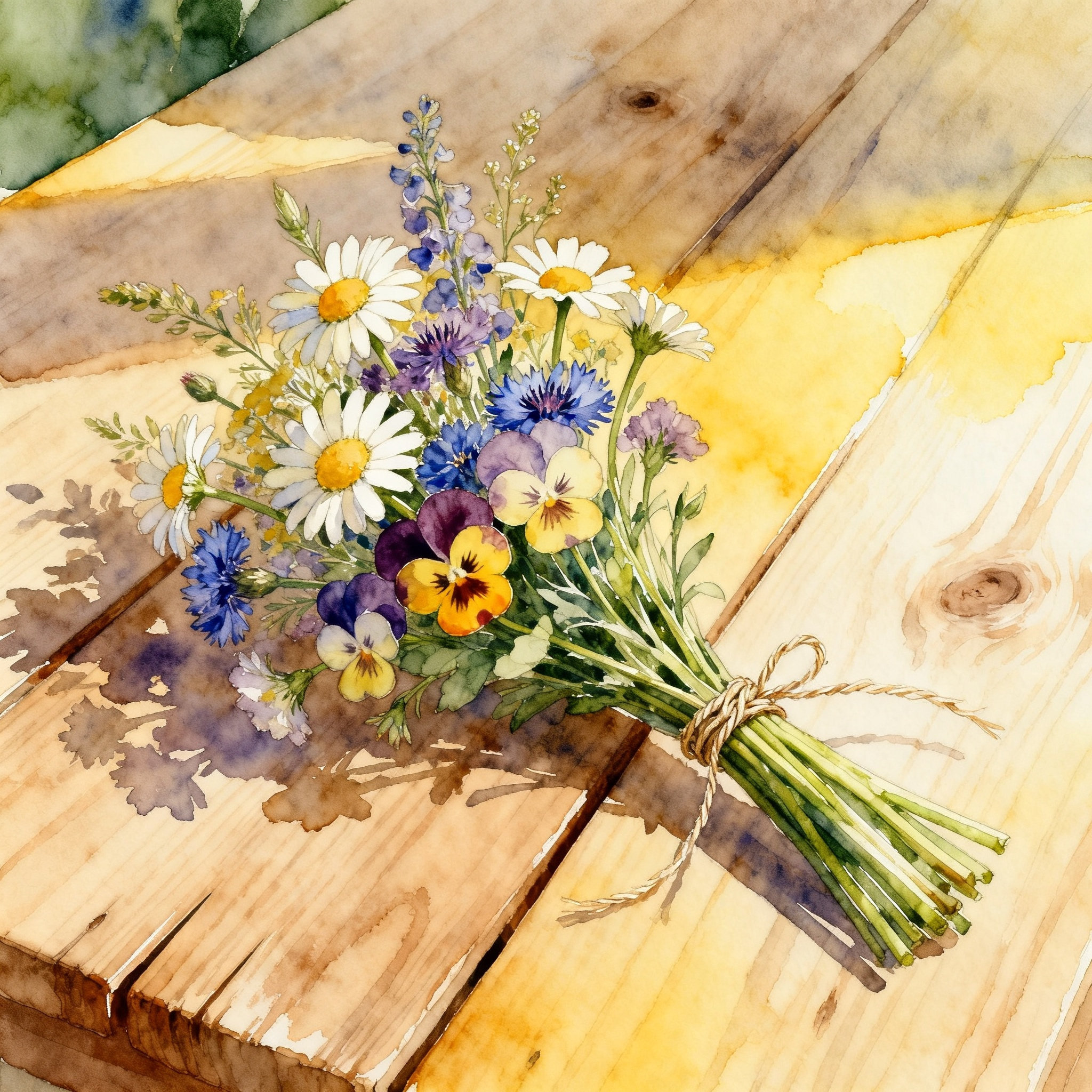 Rustic Wild Flower Bouquet Placed On Wooden Table Surface Clipart