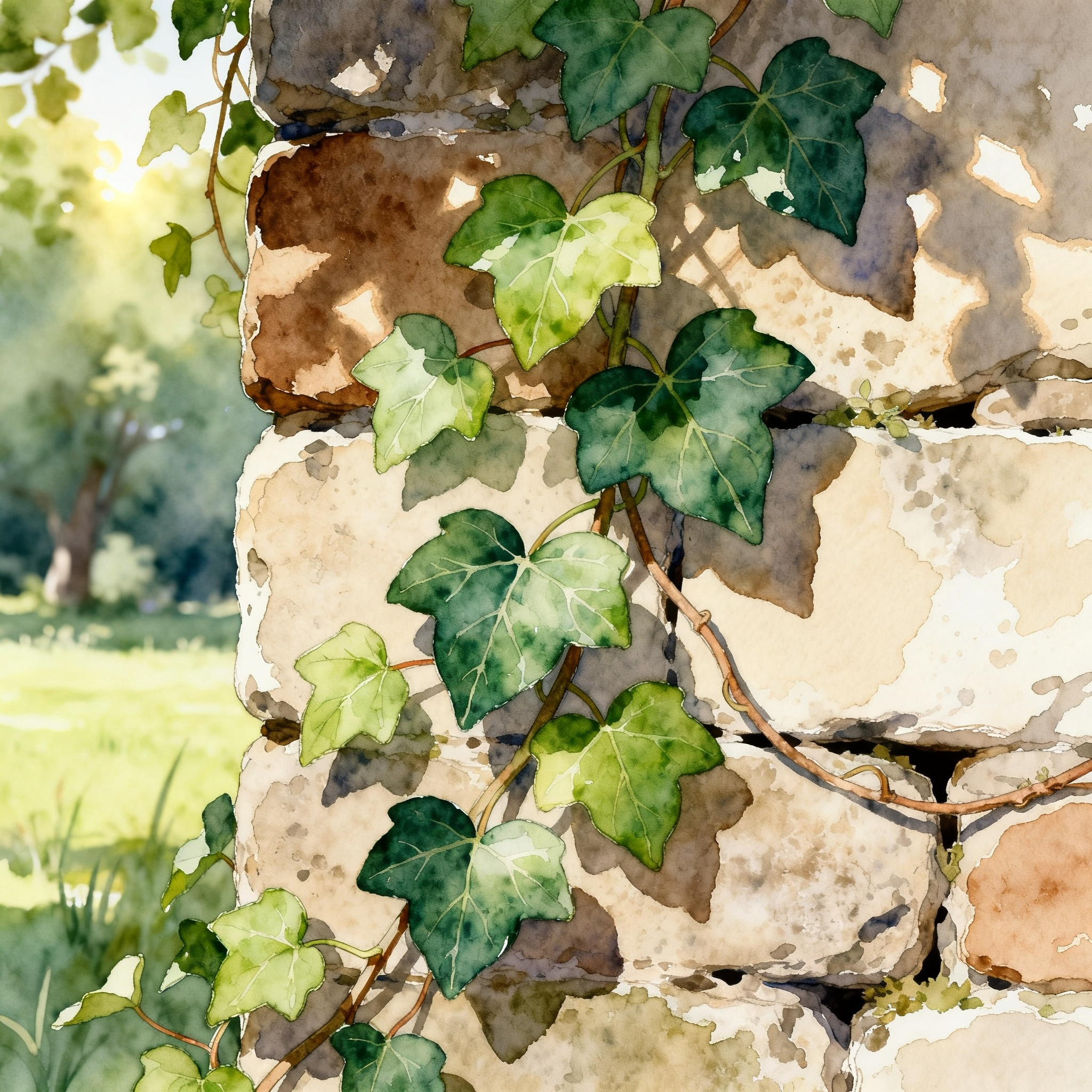 Ivy Leaves Climbing Over Old Stone Wall In Nature Setting Clipart