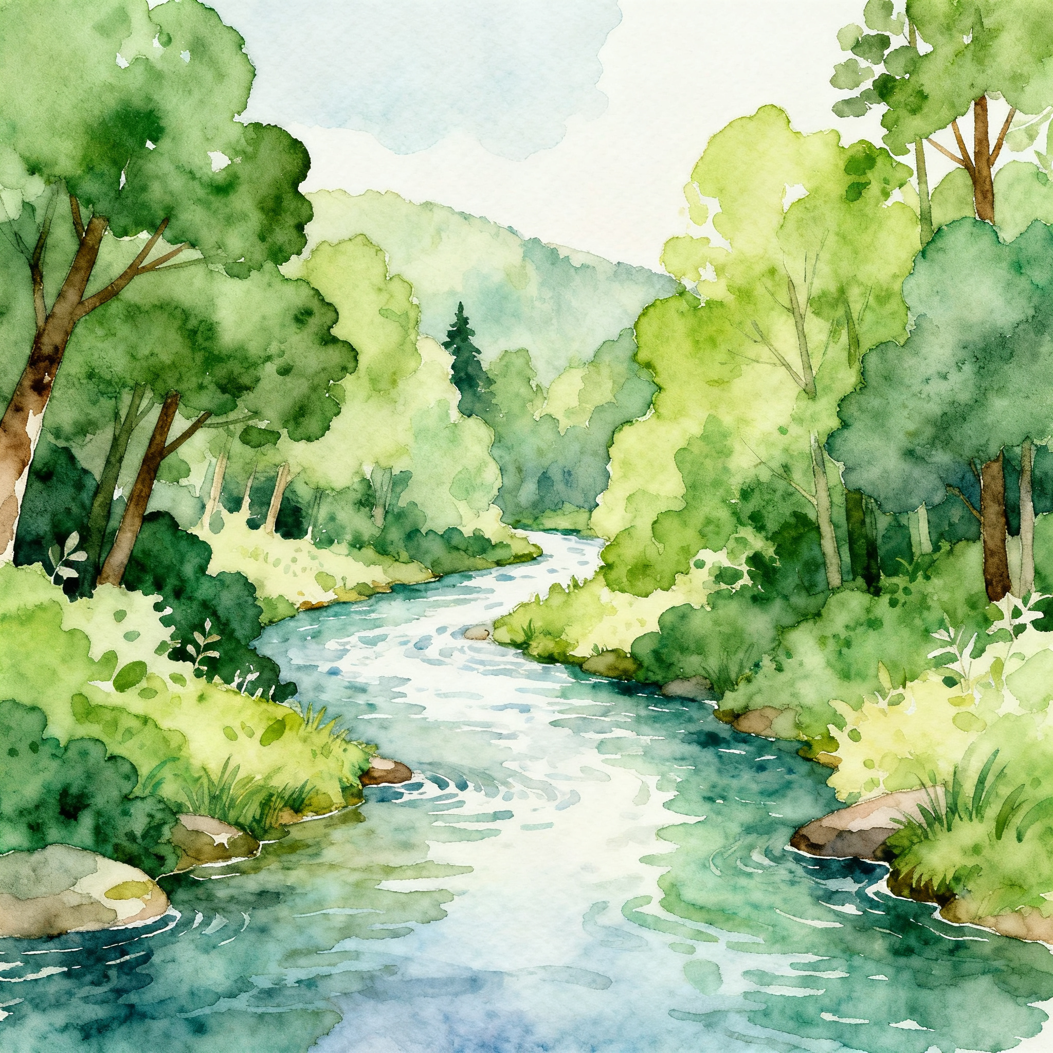 Gentle River Flowing Through Lush Green Forest Landscape Clipart