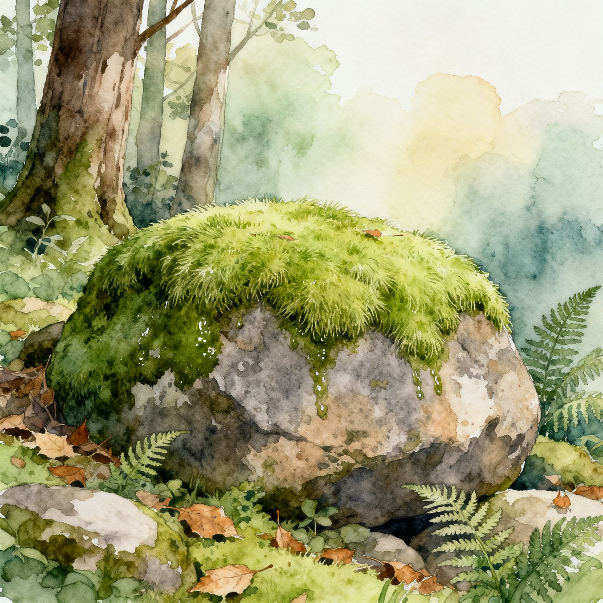 Moss Covered Rocks In Peaceful Natural Woodland Scene Clipart