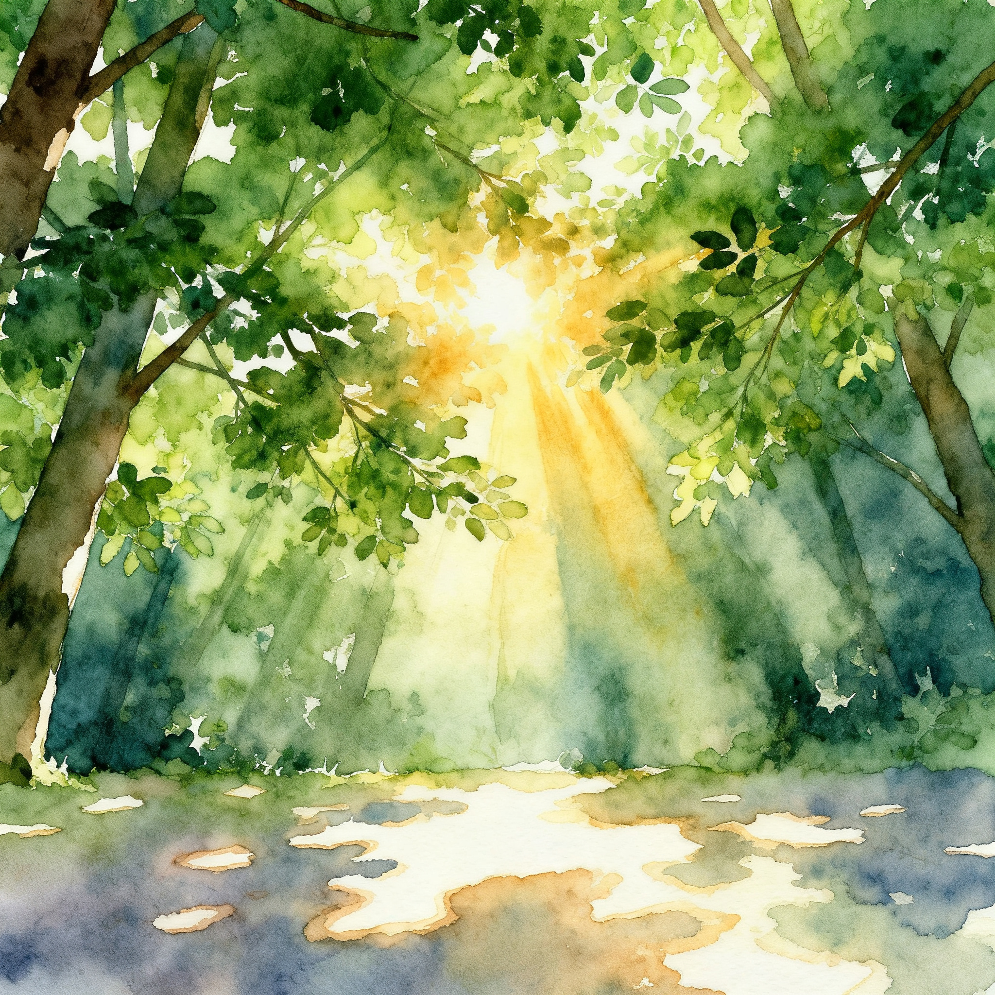 Sunlight Through Trees In Dense Green Forest Canopy View Clipart