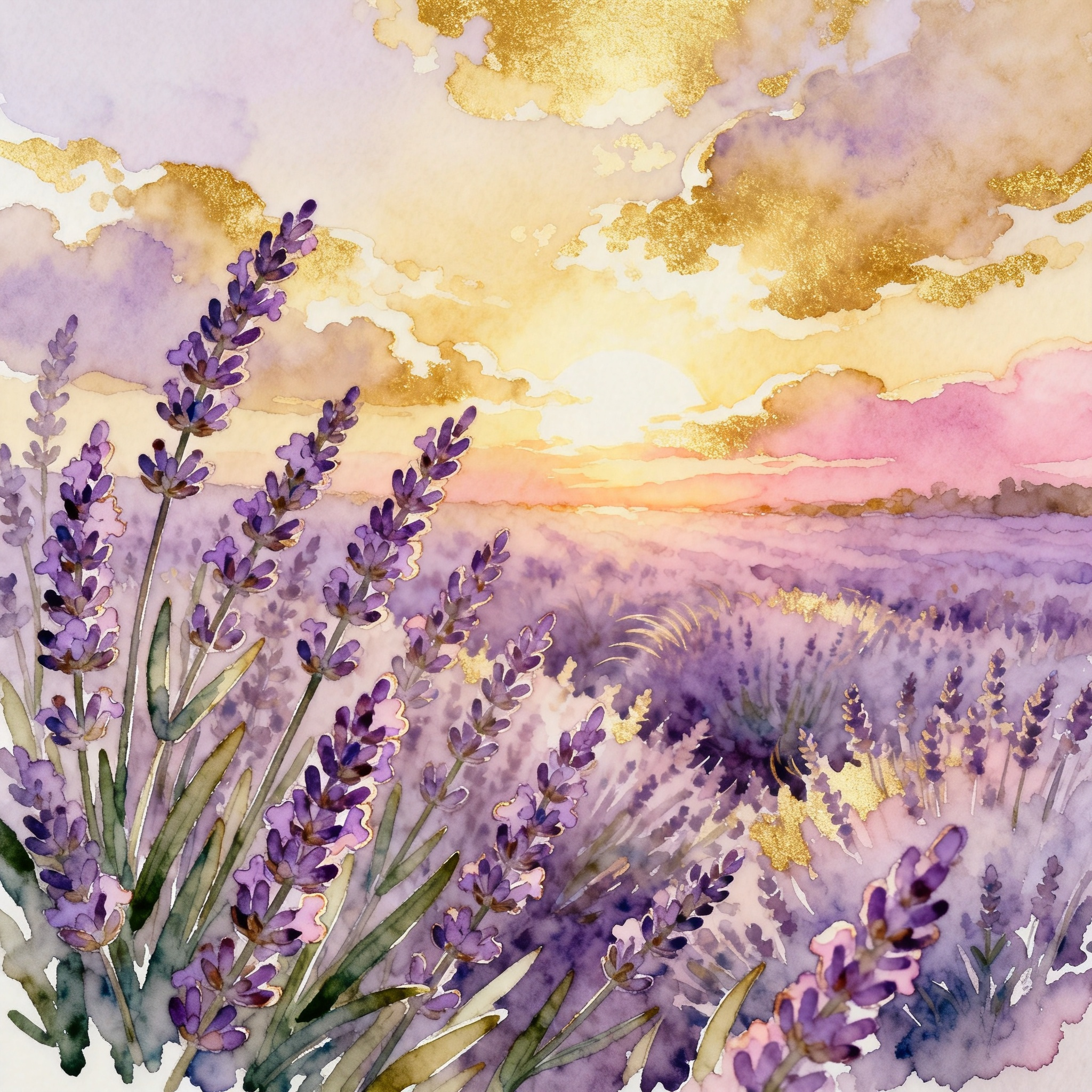 Lavender Field Under Golden Sunset Sky With Gentle Breeze Clipart