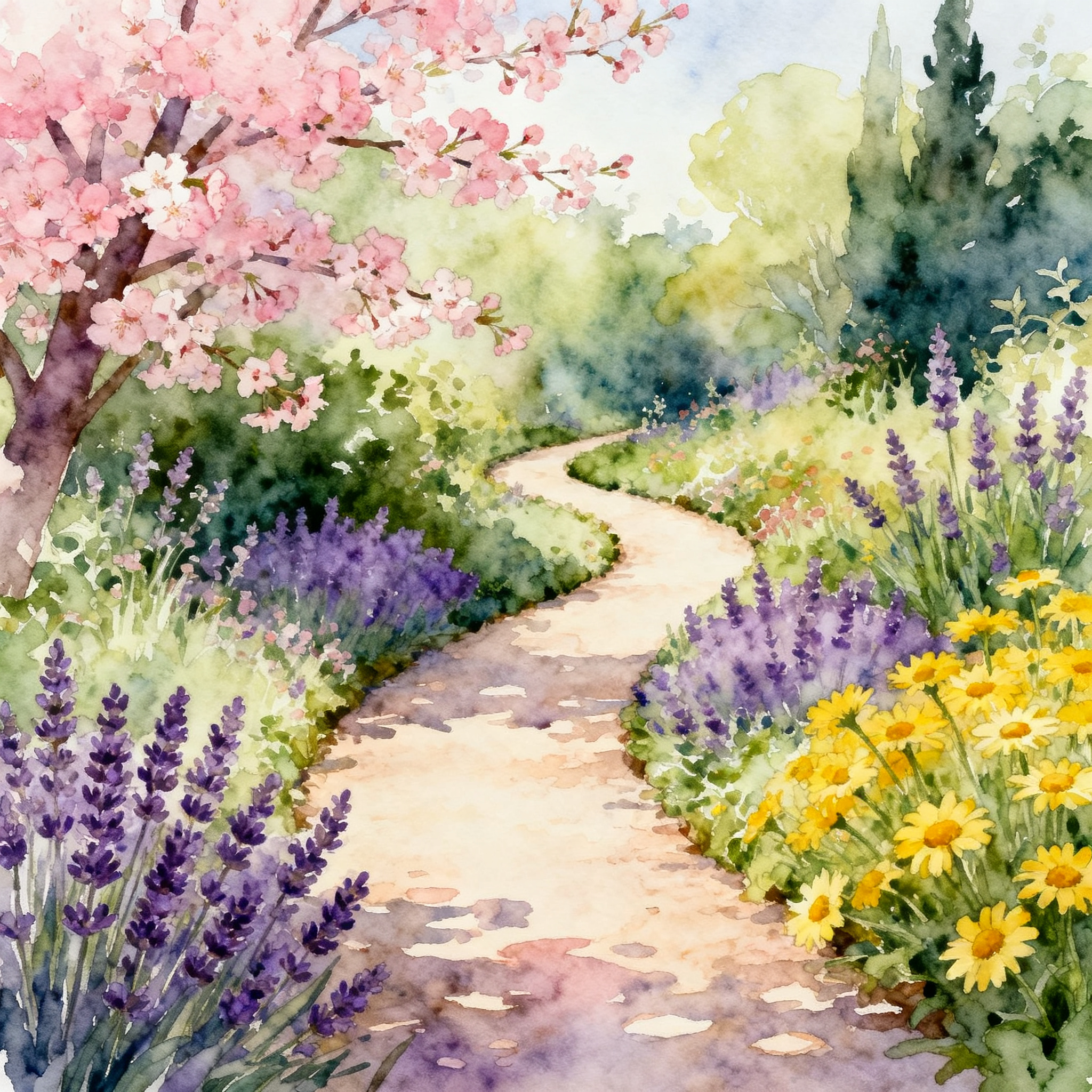 Peaceful Garden Path Surrounded By Blooming Seasonal Flowers Clipart