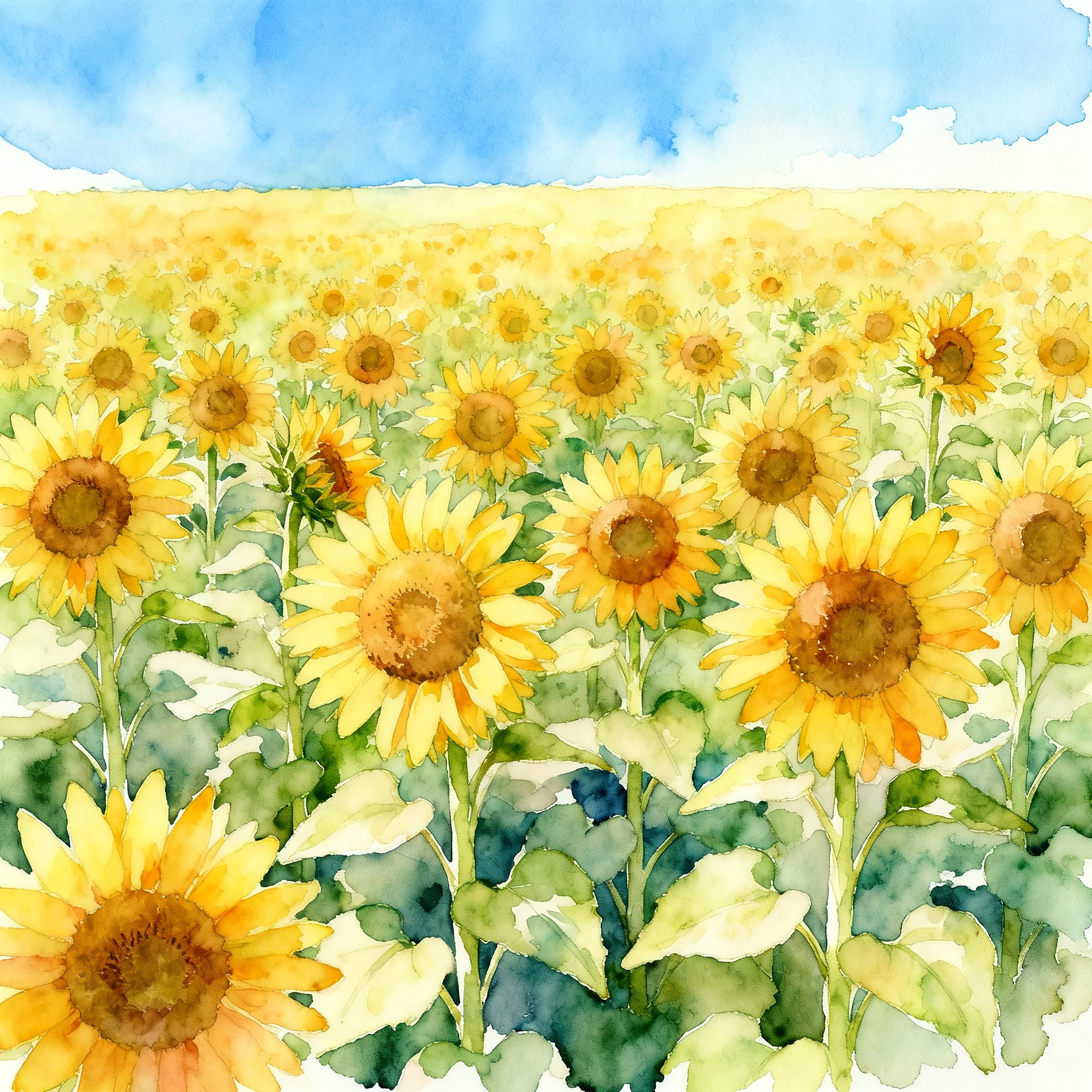 Sunflower Field Stretching To Horizon Under Bright Blue Sky Clipart