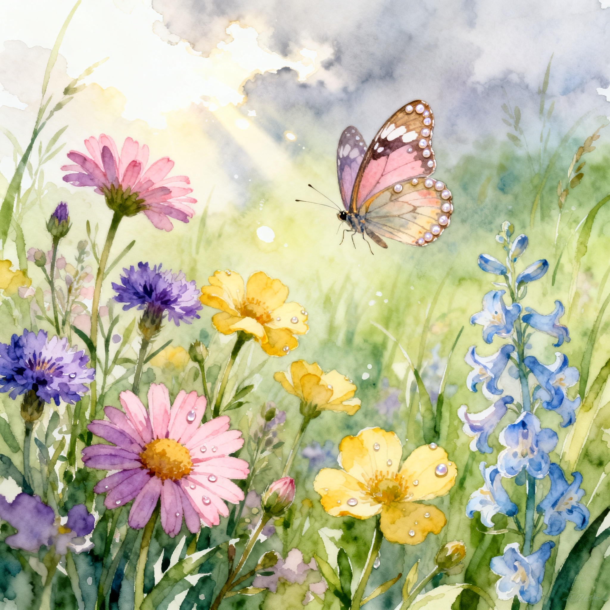 Wild Meadow Flowers With Butterflies Flying In Summer Air Clipart