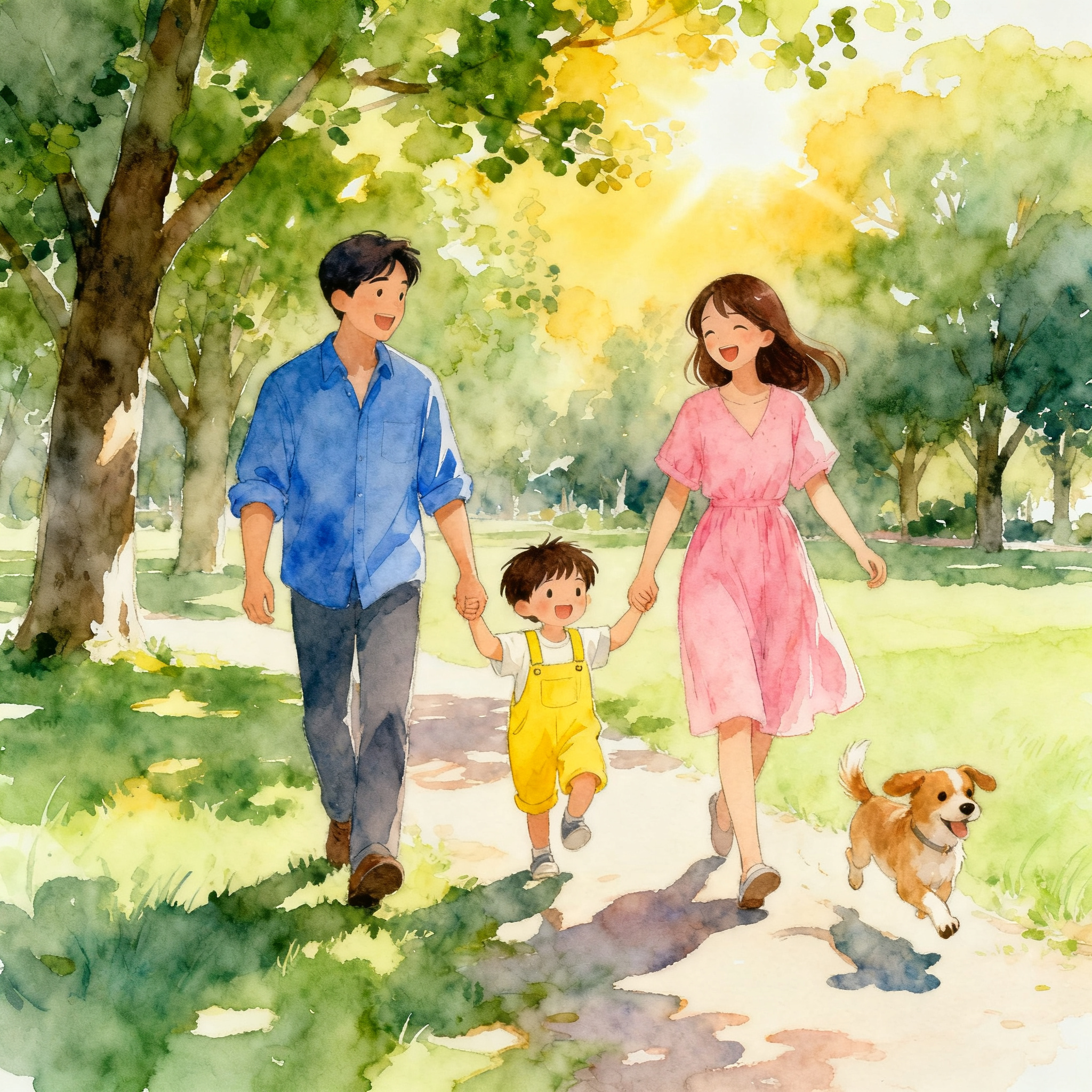 Happy Family Walking Together In A Sunny Park With Green Trees Clipart