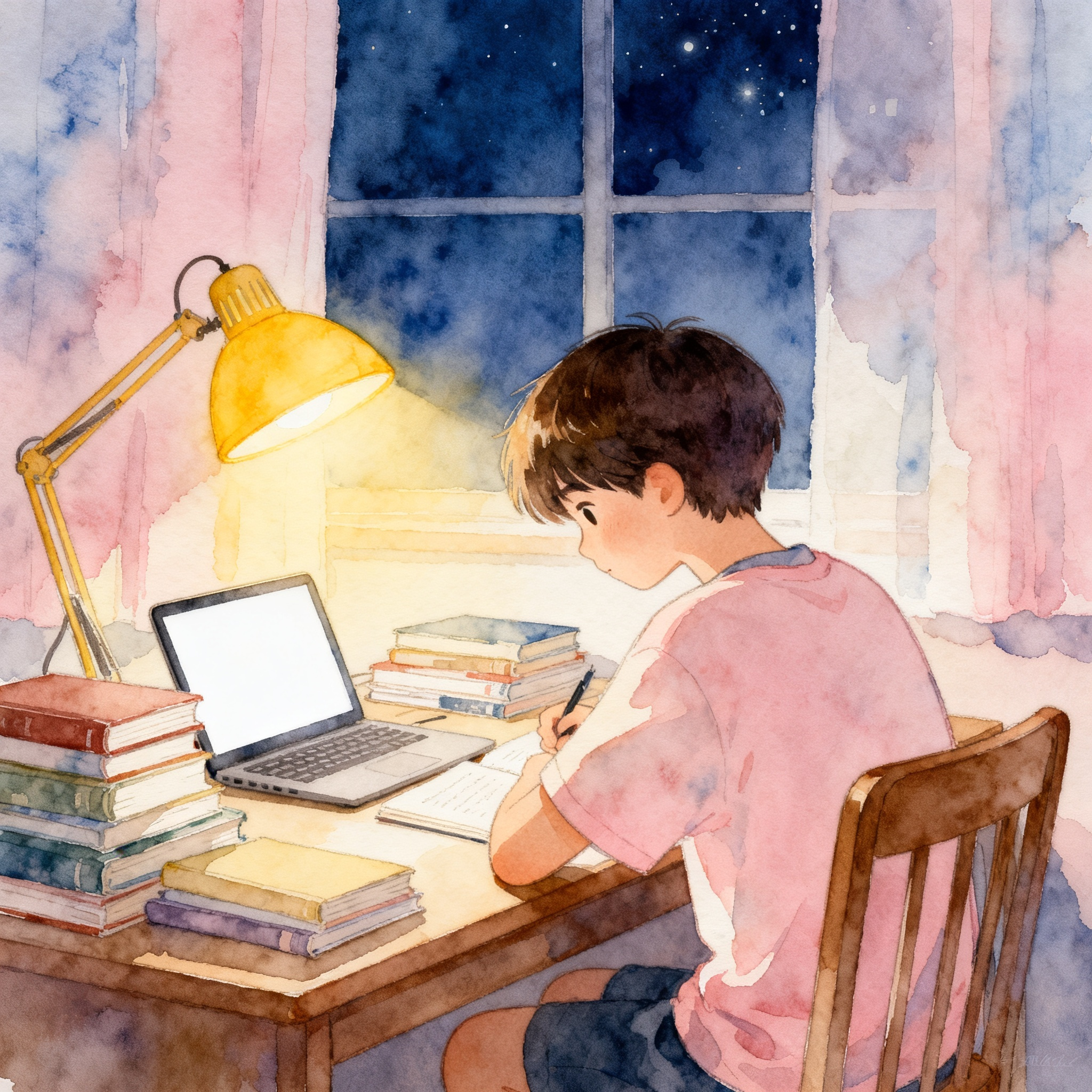 Teen Student Studying At Desk With Books And Laptop At Night Clipart