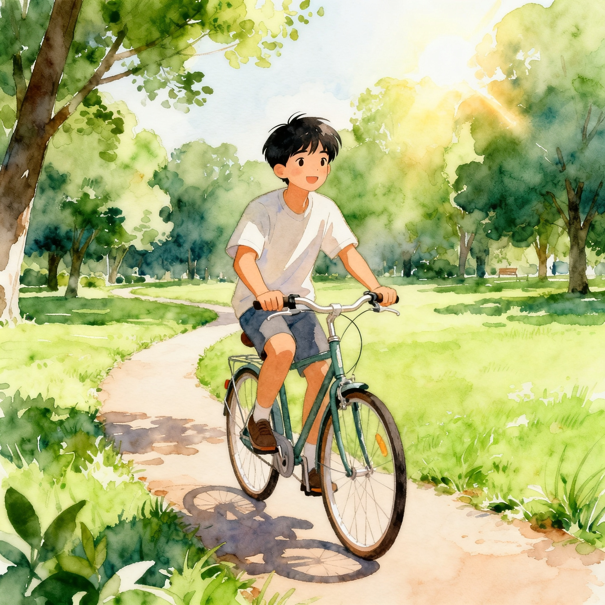 Man Riding Bicycle Through Green Park Path On Sunny Day Clipart