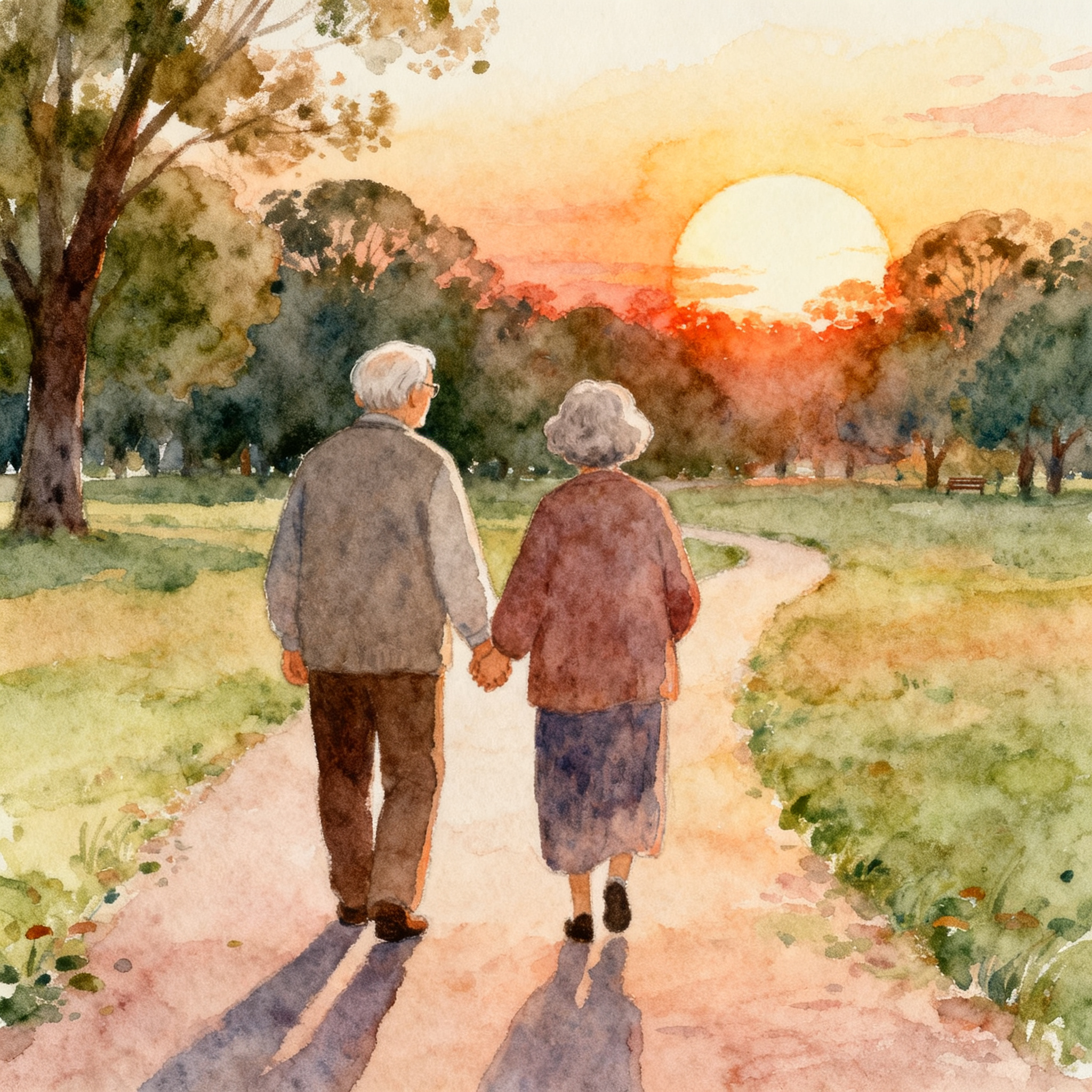 Elderly Couple Walking Hand In Hand In Quiet Park Sunset Scene Clipart