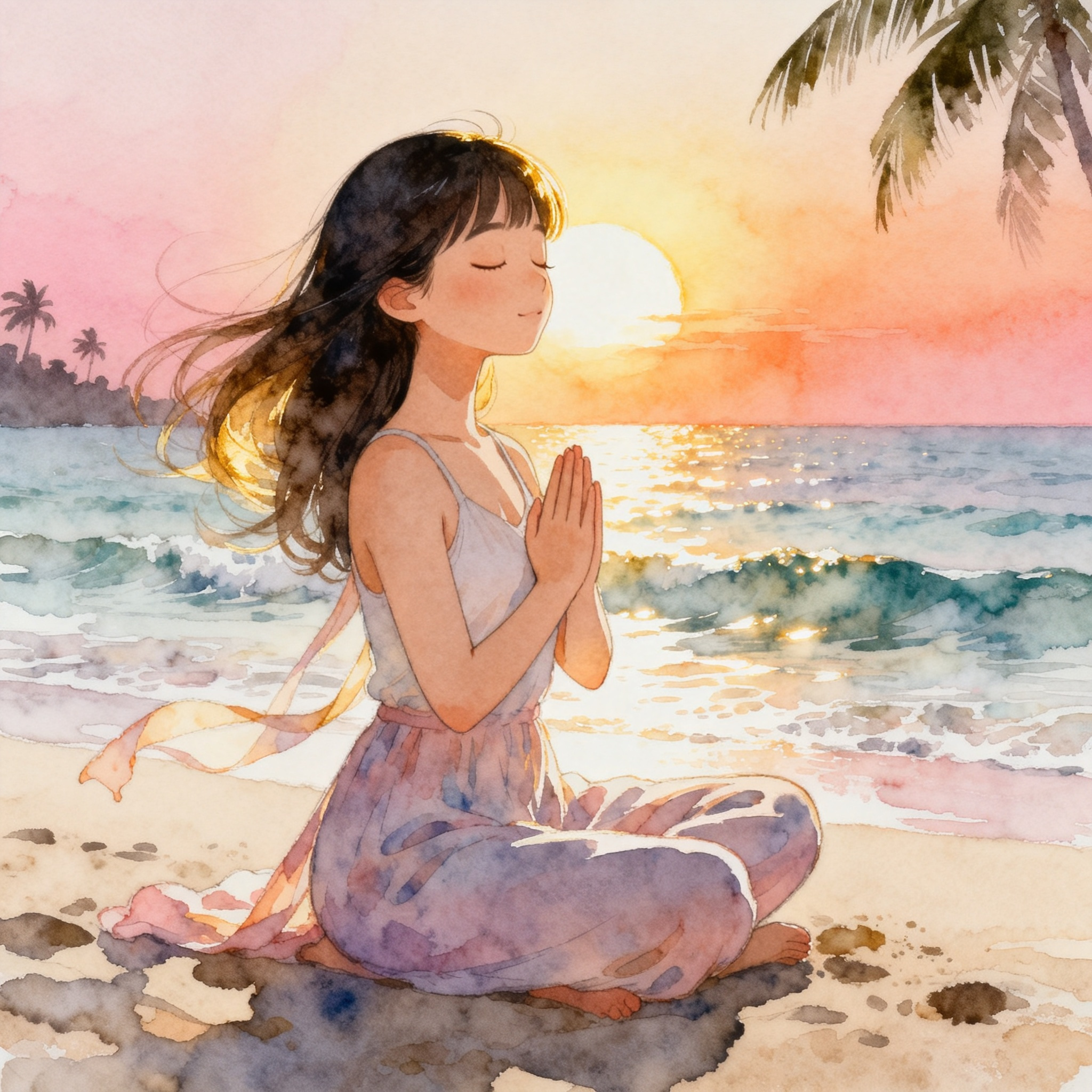 Woman Meditating On Beach At Sunrise Calm Mindfulness Lifestyle Clipart