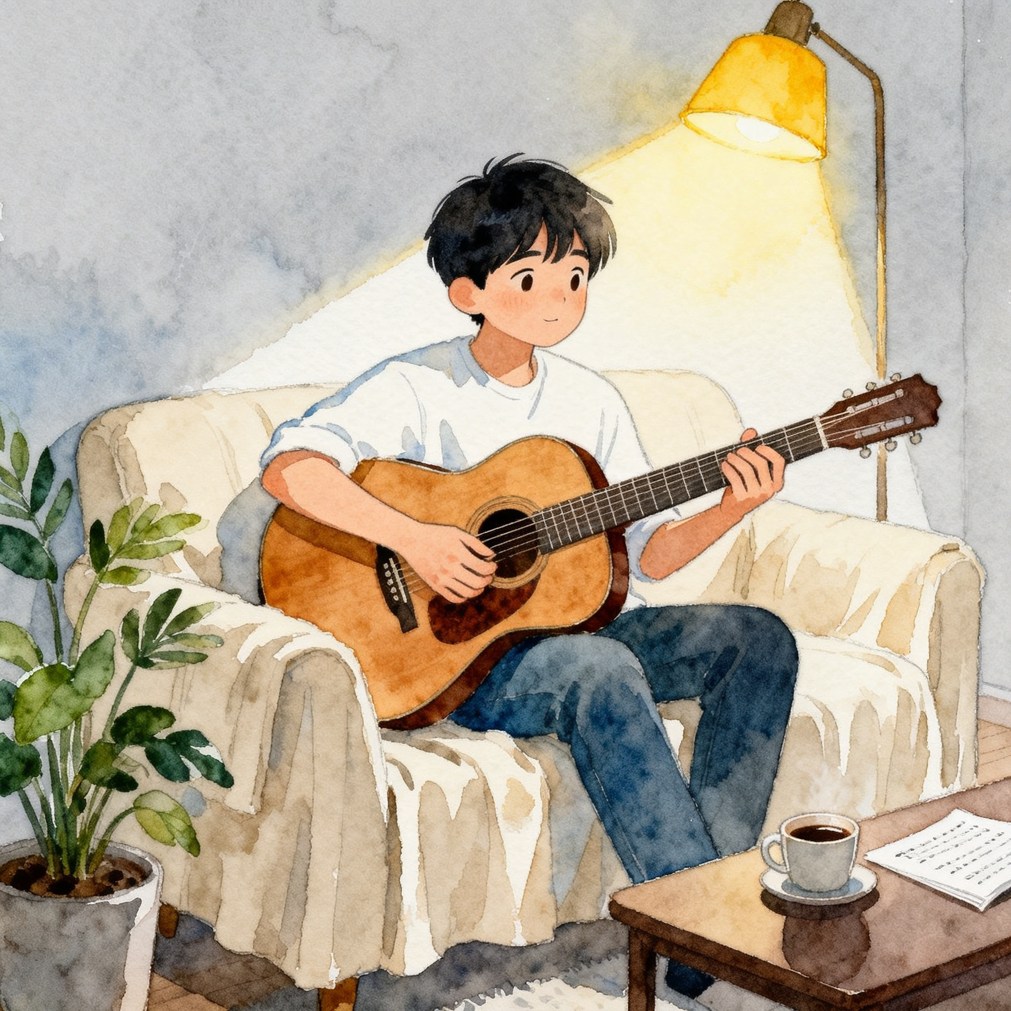Man Playing Guitar Sitting On Sofa In Cozy Home Interior Scene Clipart