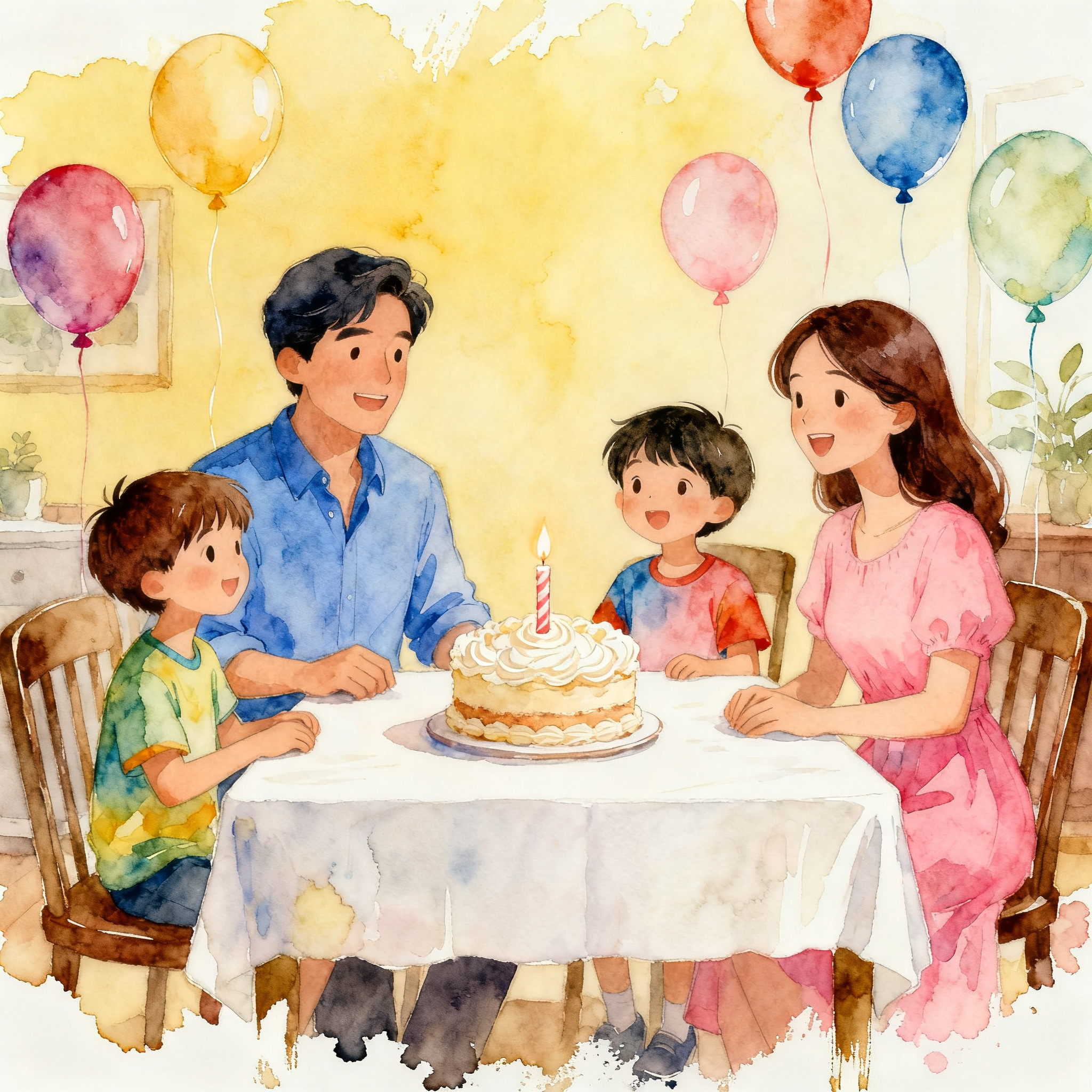 Family Celebrating Birthday With Cake And Balloons At Home Party Clipart