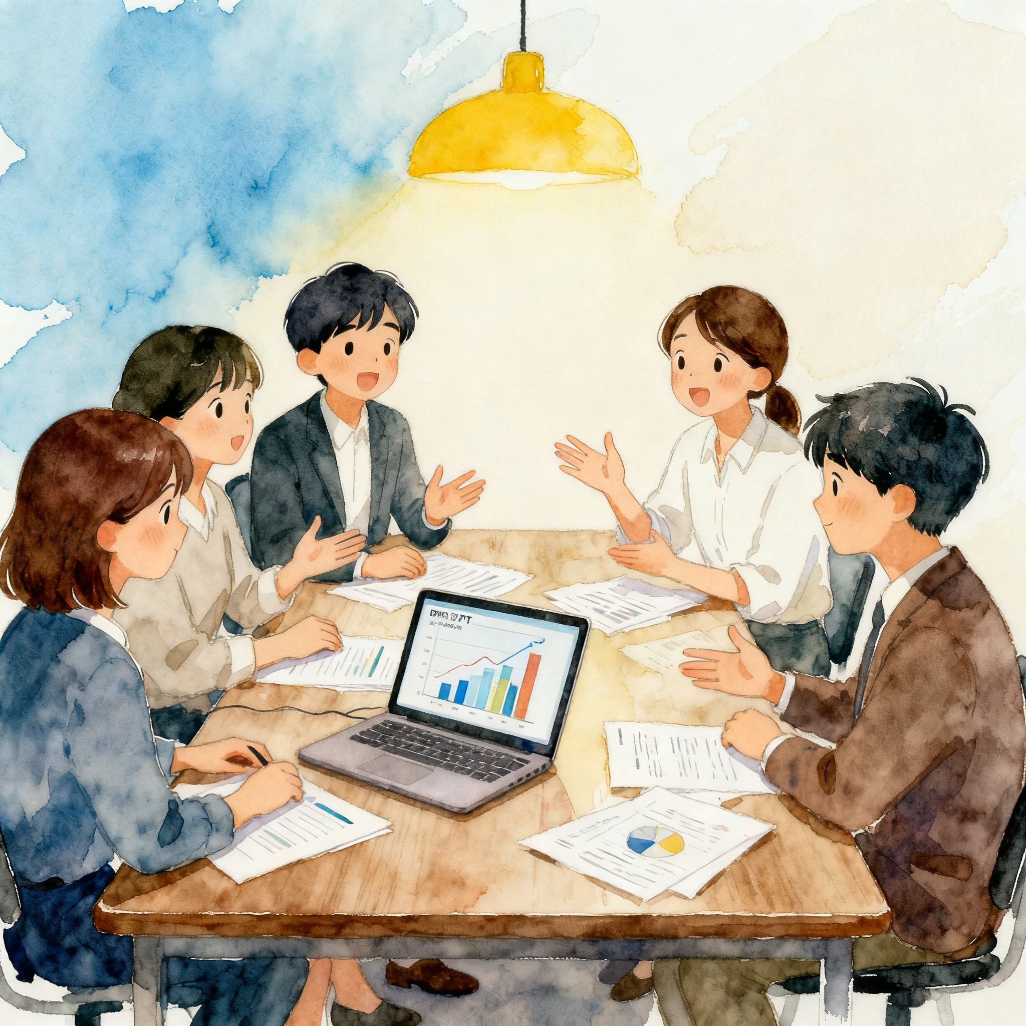 Office Team Meeting Around Table With Discussion And Laptop Work Clipart