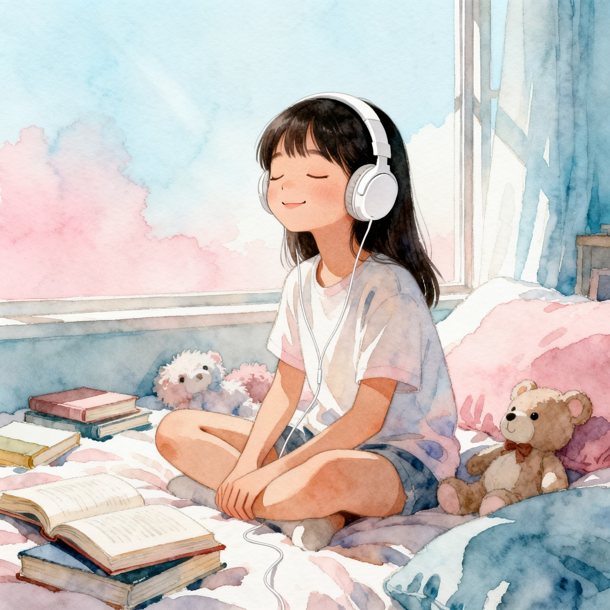 Girl Listening Music With Headphones In Relaxed Bedroom Environment Clipart