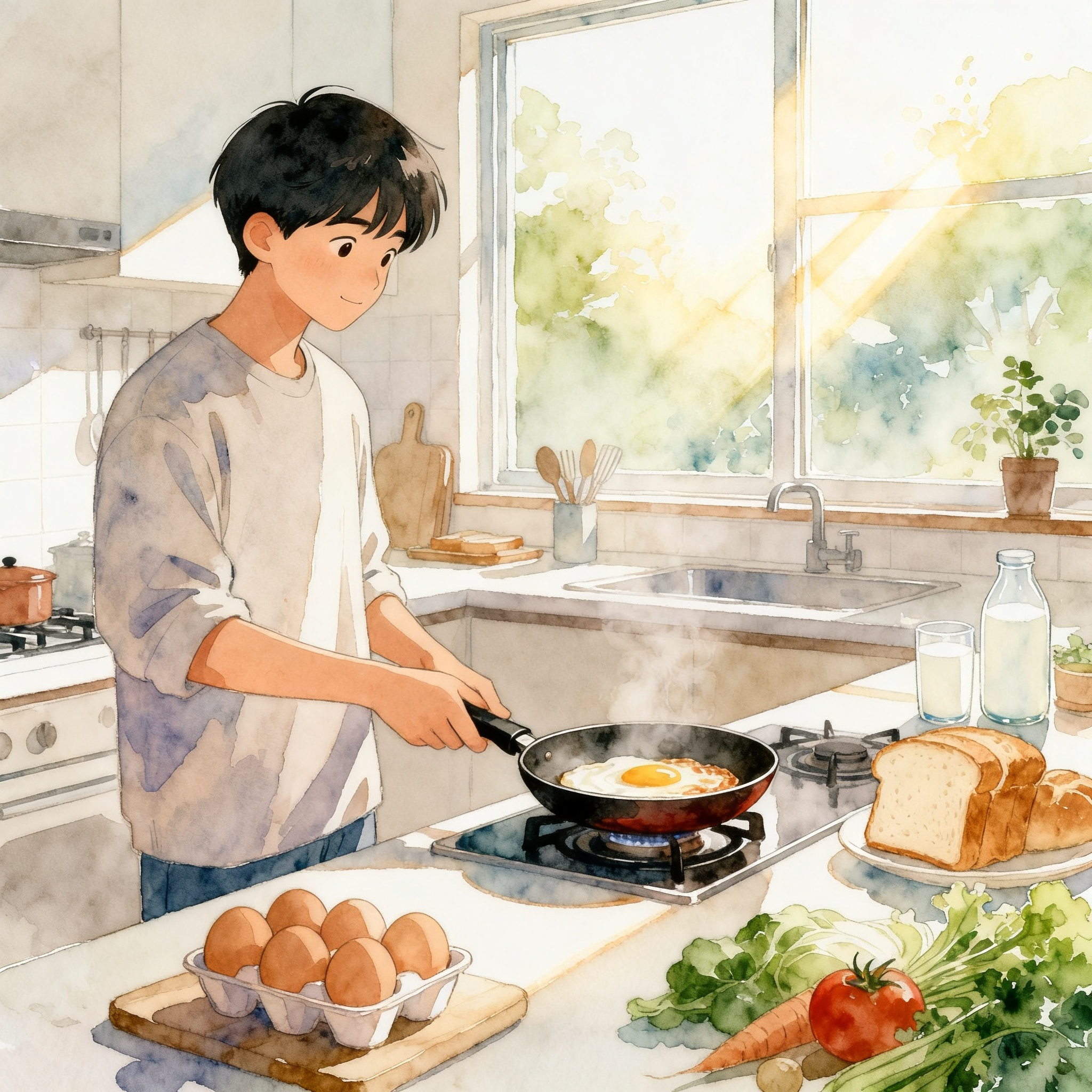 Man Cooking Breakfast In Bright Kitchen With Fresh Ingredients Scene Clipart