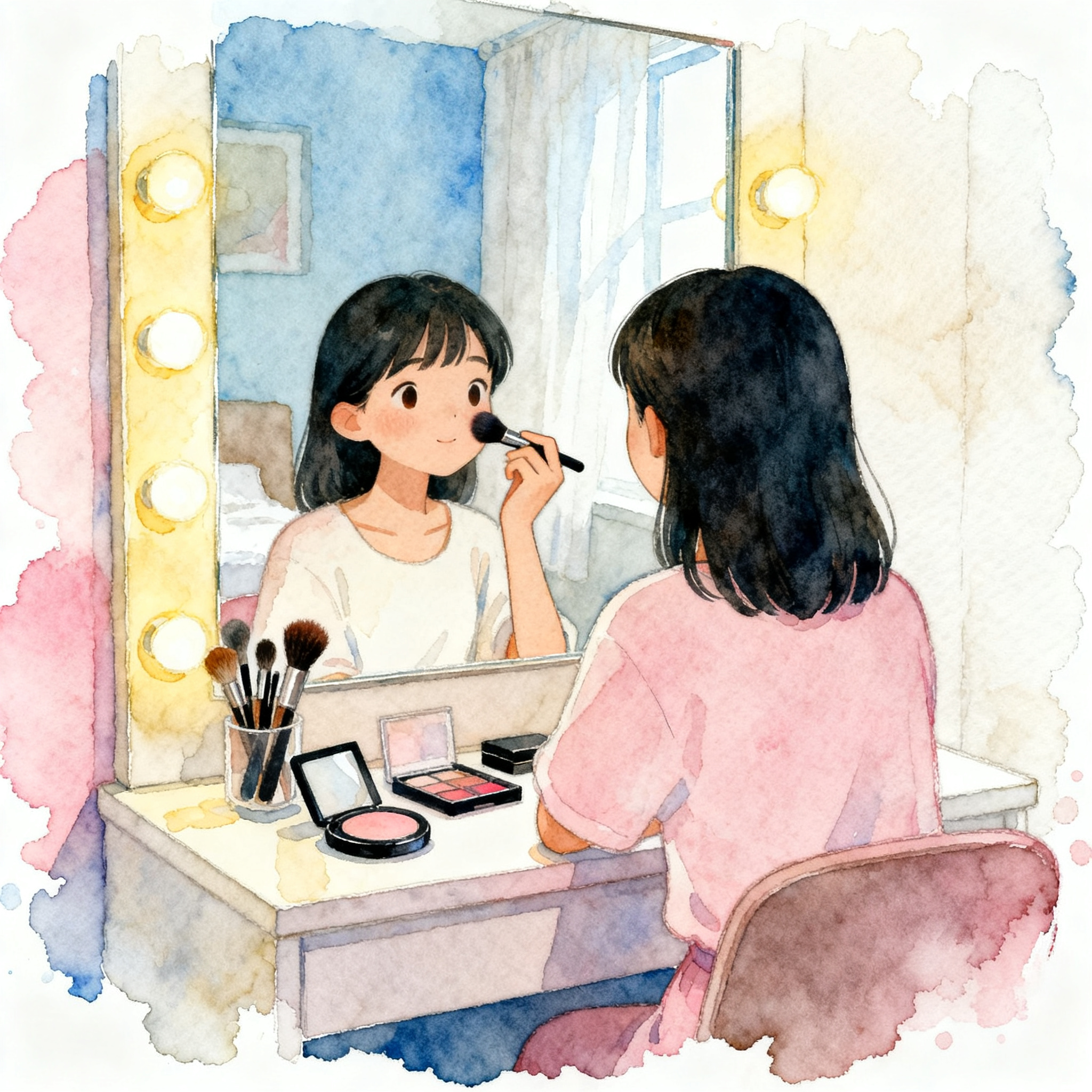 Woman Doing Makeup In Front Of Mirror In Modern Dressing Room Clipart