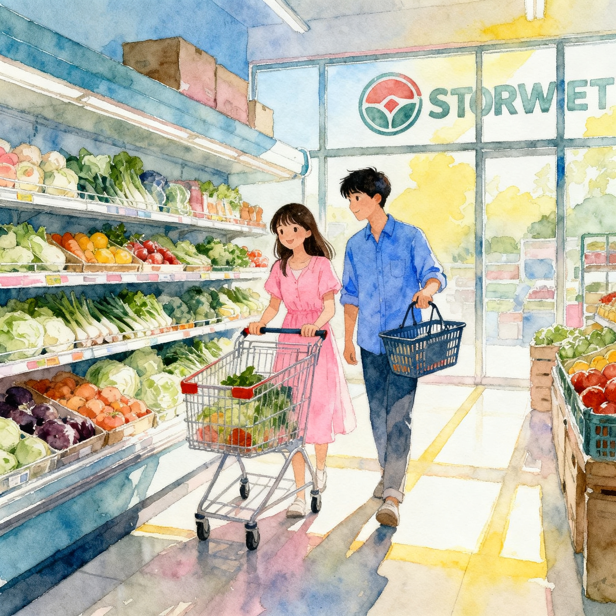 Couple Shopping Groceries Together In Supermarket Daily Life Scene Clipart