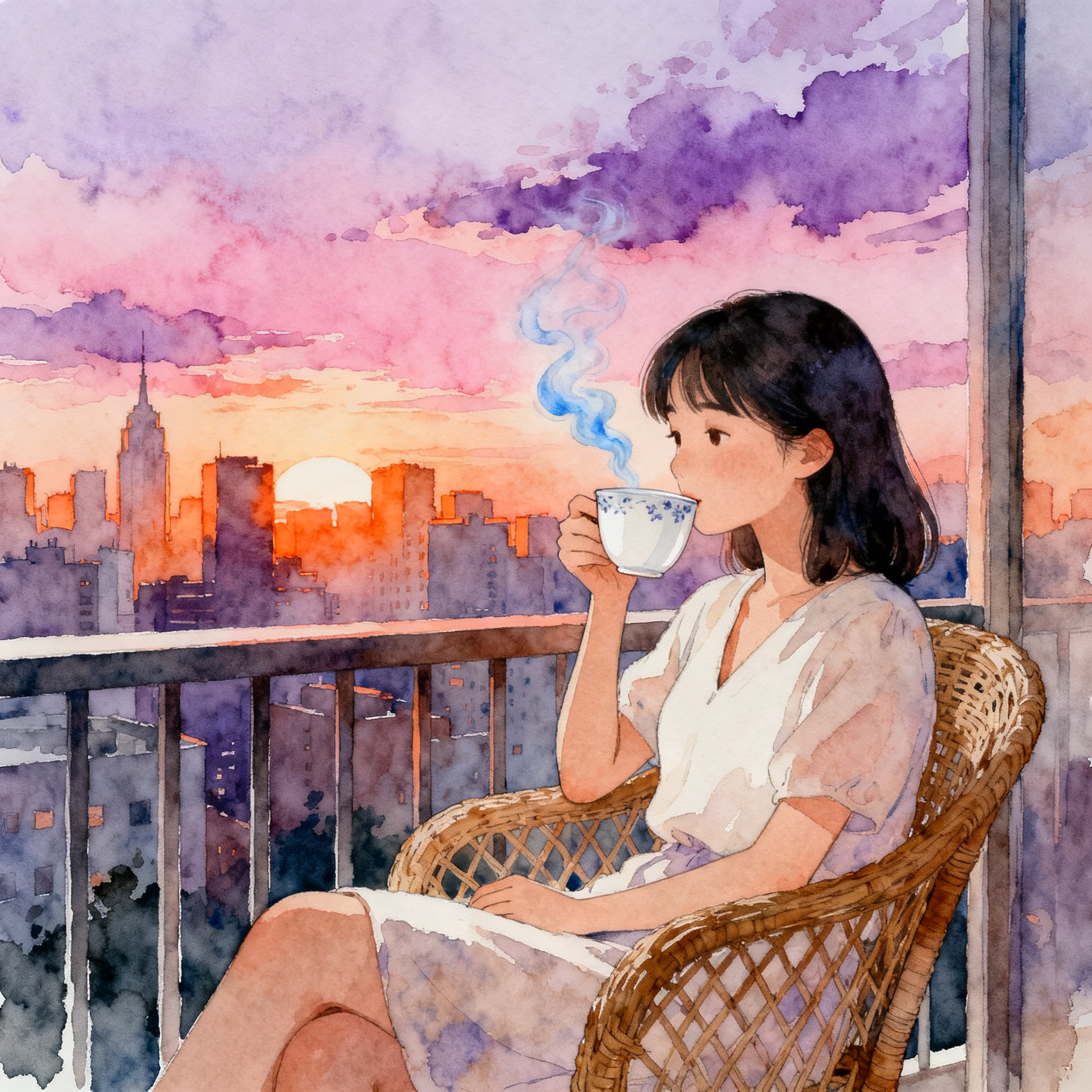 Woman Drinking Tea On Balcony With City View At Sunset Time Clipart
