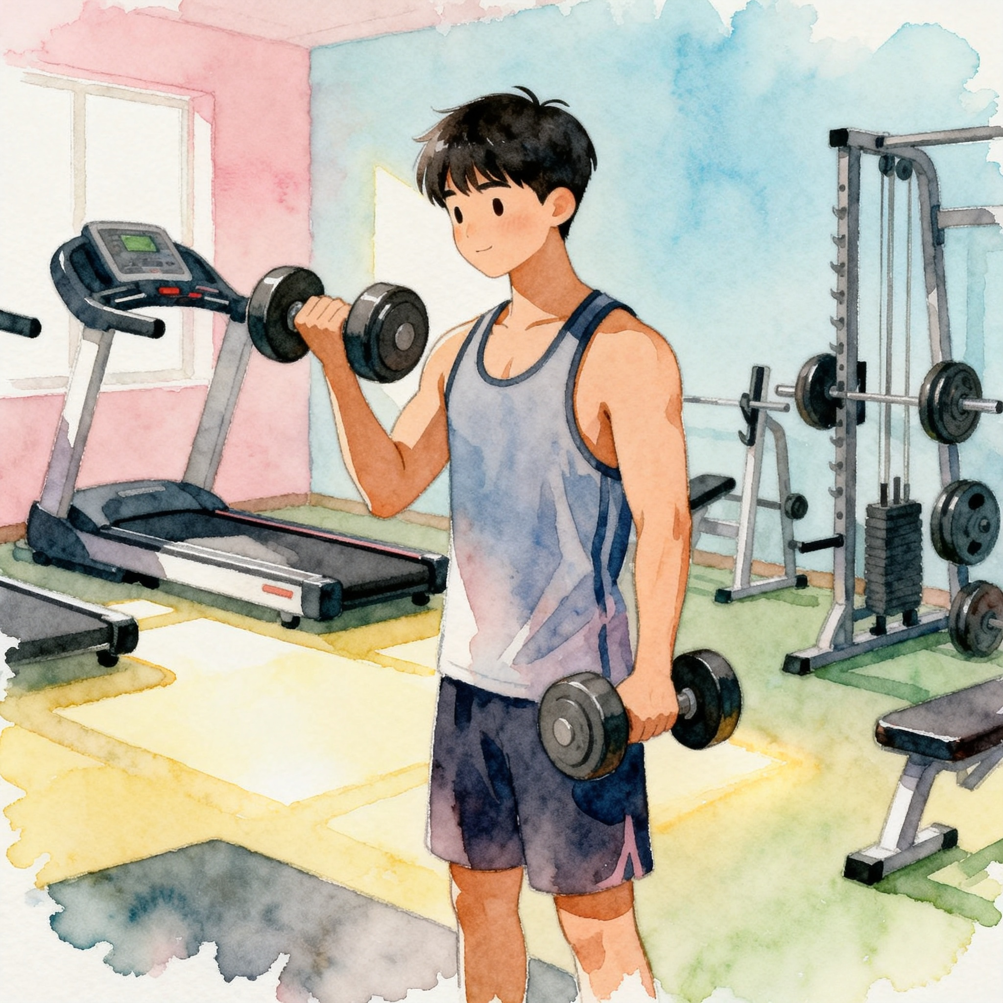 Man Working Out At Gym With Dumbbells Fitness Training Scene Clipart