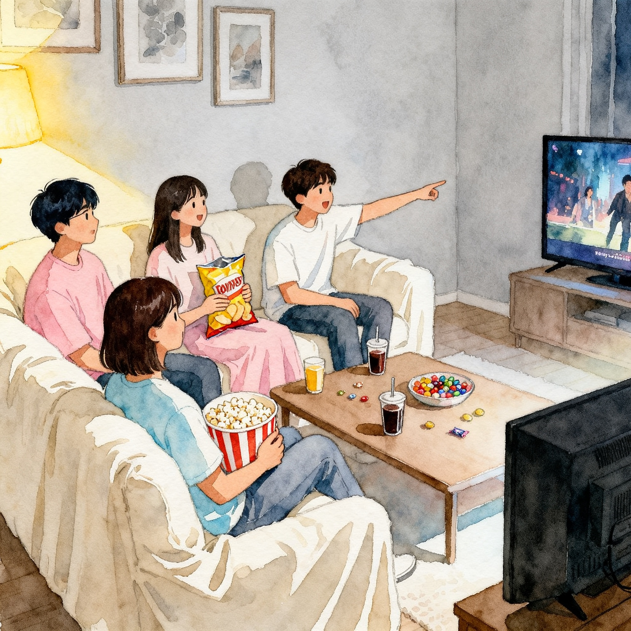 Friends Watching Movie Together On Sofa With Snacks At Home Night Clipart