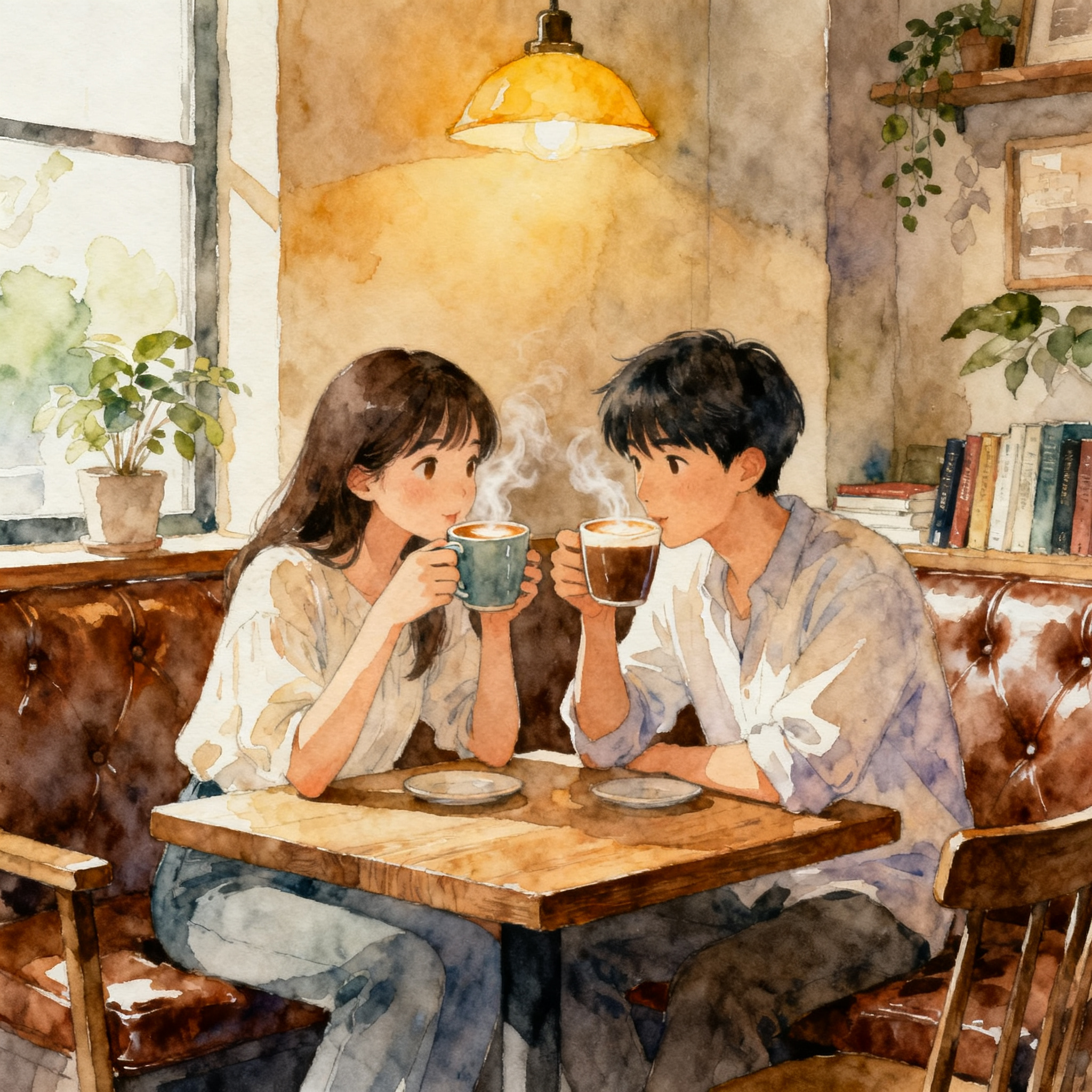 Couple Drinking Coffee Together In A Warm Cafe Morning Atmosphere Clipart