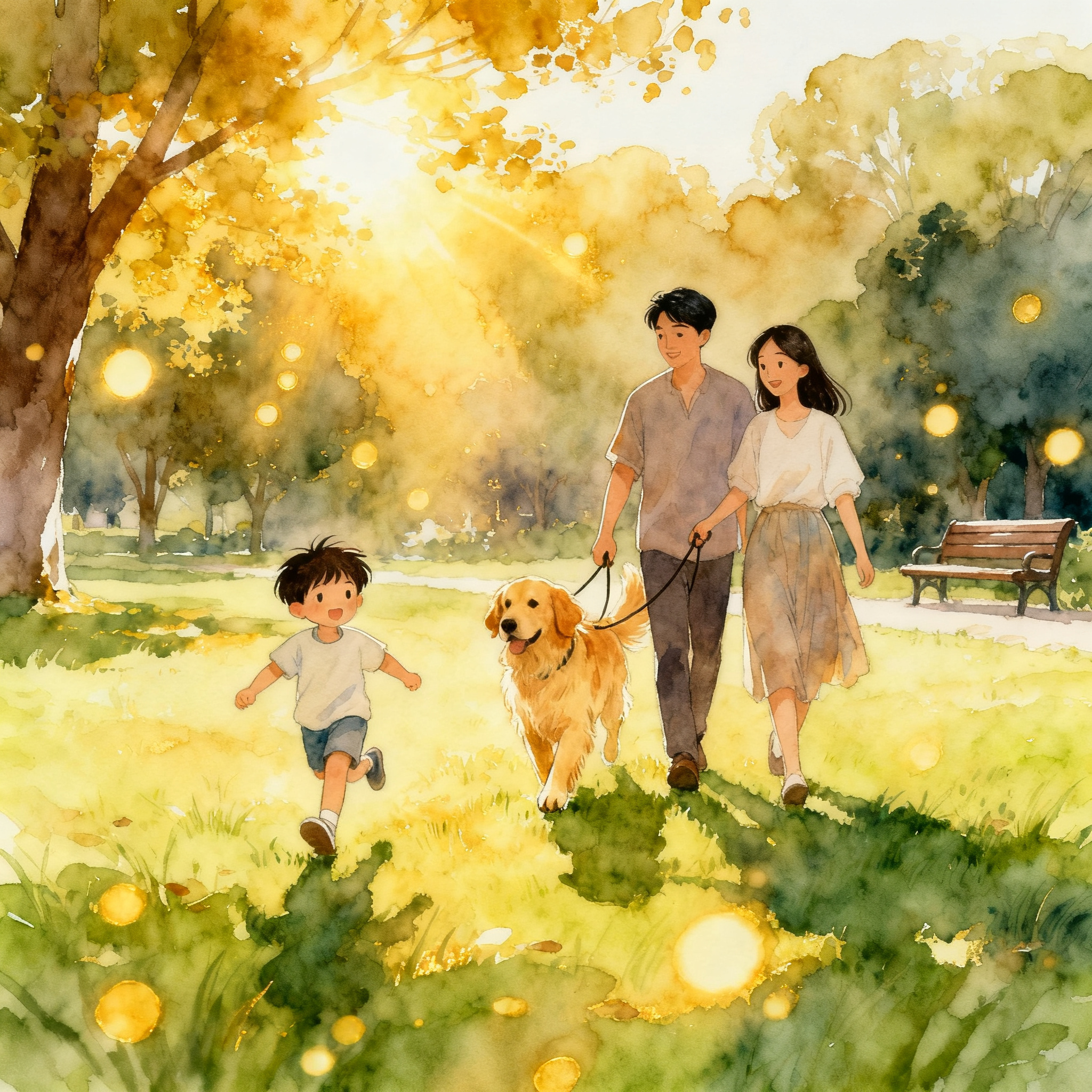 Family Walking Dog In Park During Golden Hour Relaxed Lifestyle Scene Clipart