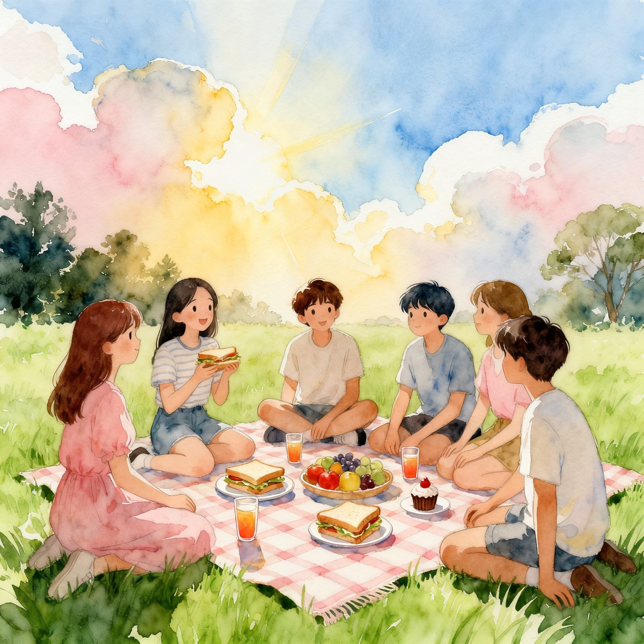 Friends Having Picnic On Grass Field With Food And Summer Sunshine Clipart