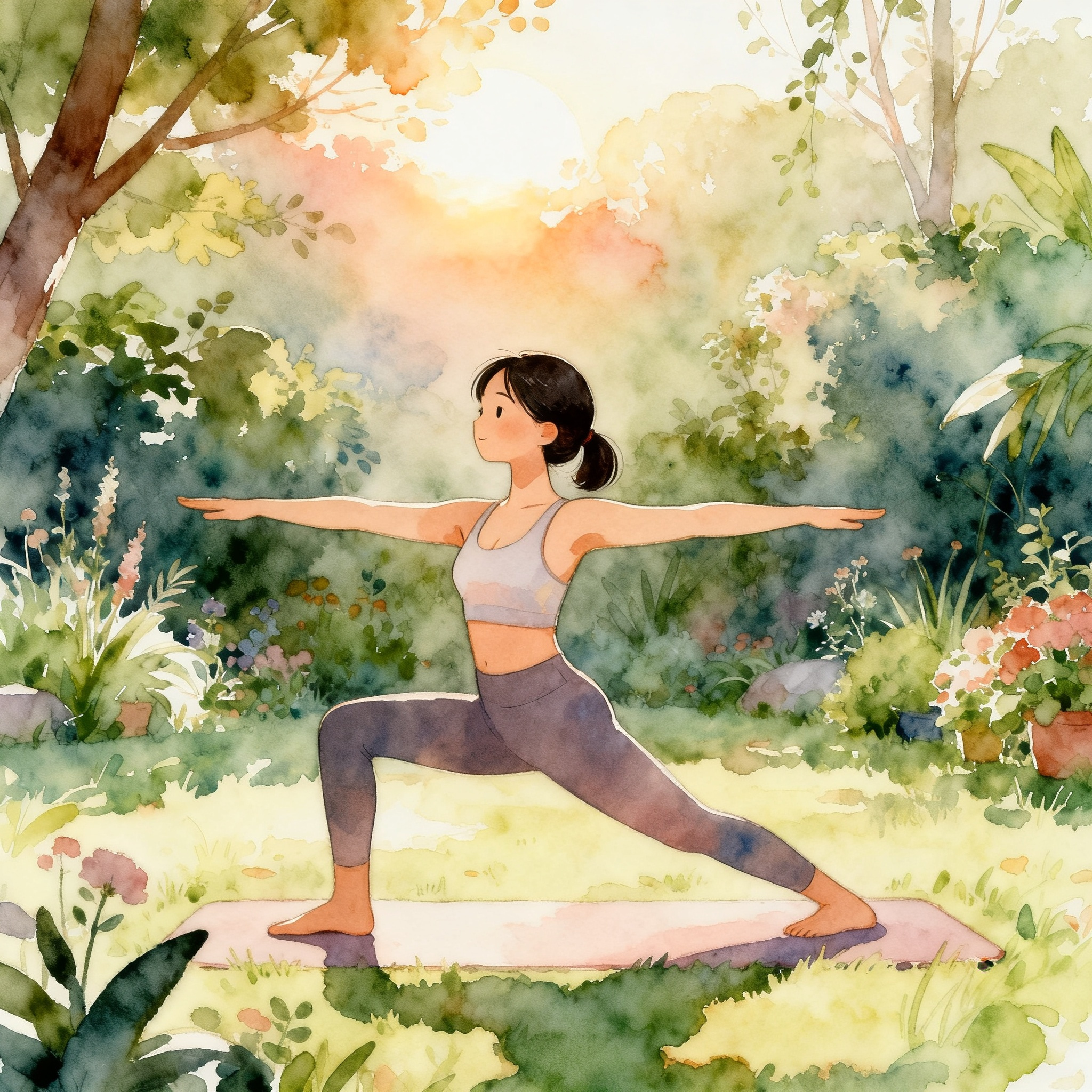 Woman Doing Yoga In Peaceful Nature Garden With Morning Light Clipart